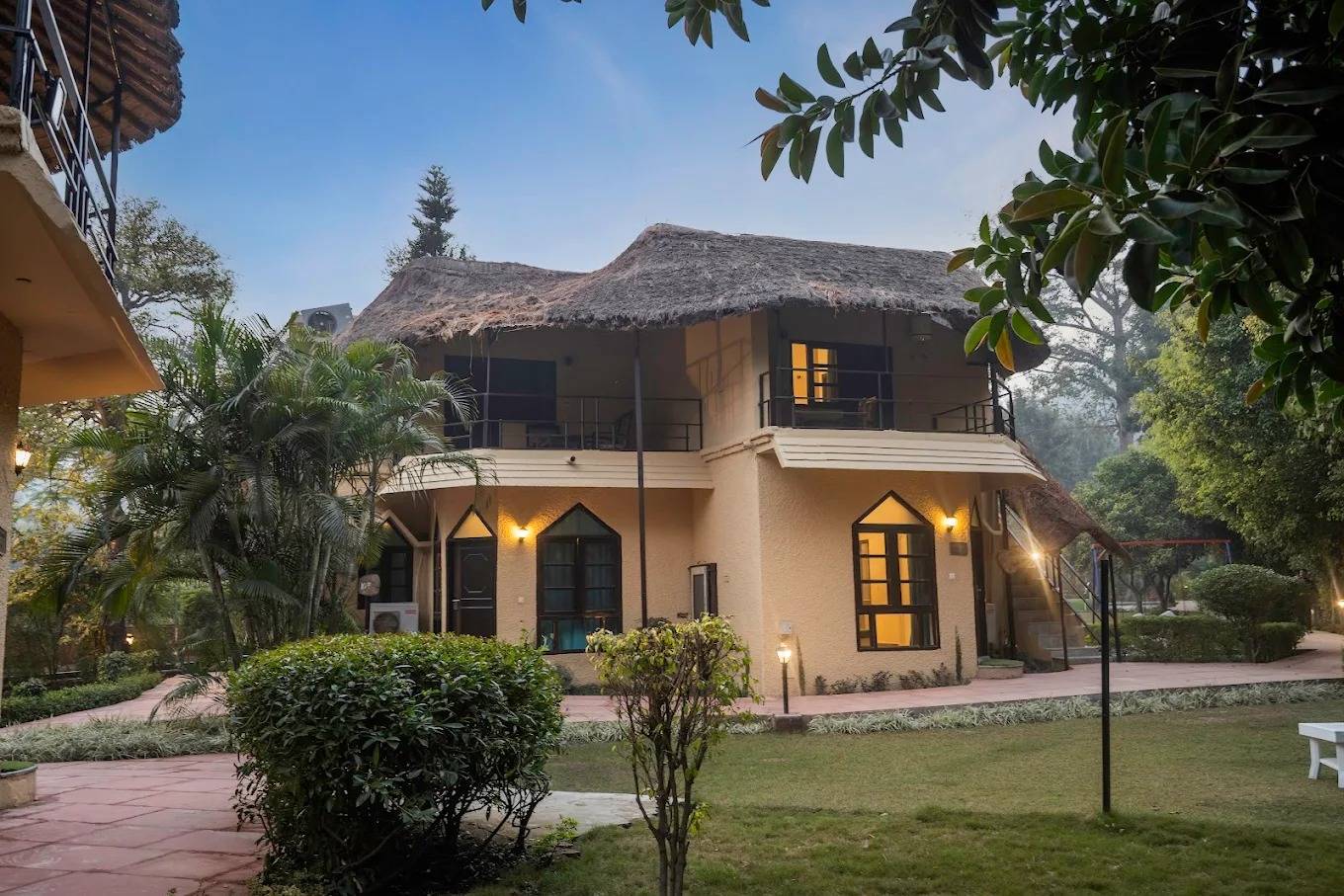 Aerial view of La Perle River Resort beside the Kosi River, Jim Corbett